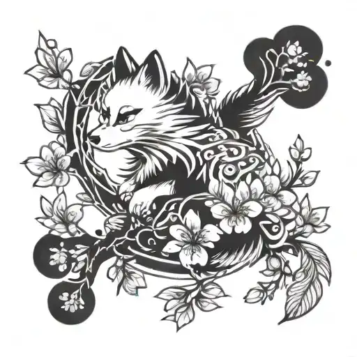 nine-tailed spitz with cherry blossoms tattoo design idea