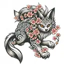 nine-tailed spitz with cherry blossoms tattoo design idea