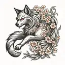nine-tailed spitz with cherry blossoms tattoo design idea