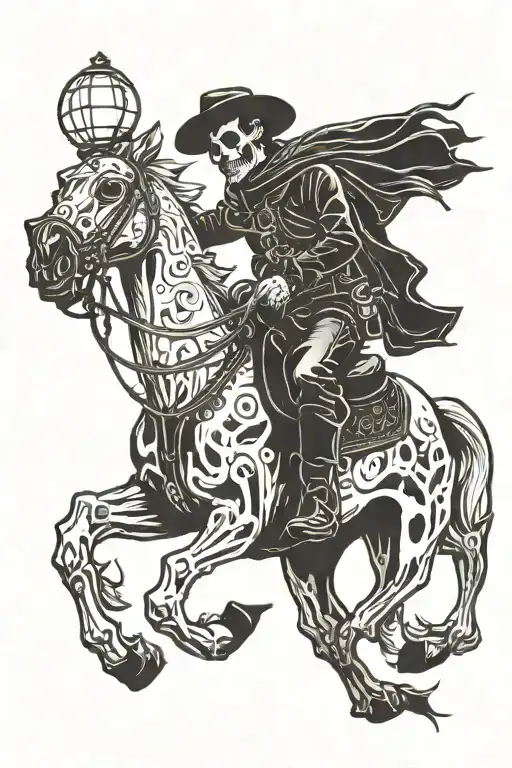 skeleton cowboy on horse holding lantern shining light tattoo design idea