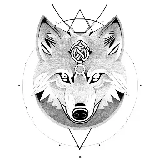 A fierce wolf in a Nordic symbol tattoo design idea