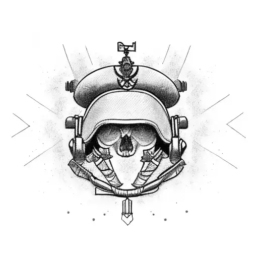 A blackwork tattoo featuring a Ukrainian army helmet surrounded by wildflowers tattoo design idea