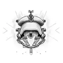 A blackwork tattoo featuring a Ukrainian army helmet surrounded by wildflowers tattoo design idea