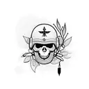 A blackwork tattoo featuring a Ukrainian army helmet surrounded by wildflowers tattoo design idea