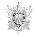 A blackwork tattoo featuring a Ukrainian army helmet surrounded by wildflowers tattoo design idea