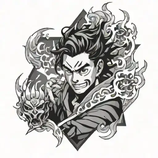 Tanjiro from demon slayer in triangle with flames around  tattoo design idea