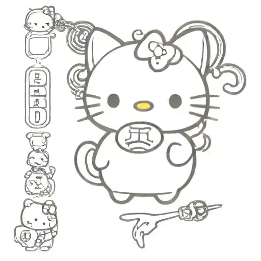 sanrio characters and whinsical lines as if sanrio characters are arranged in a keychain coming down the forearm tattoo design idea