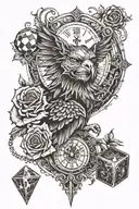I want a tattoo for men that contains: a mask, an eagle, two dice, a rose, money, a clock and a lion tattoo design idea