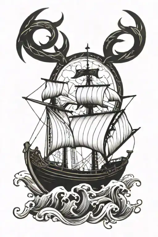 A Viking longship sailing through rough seas, with the stag standing proudly on the deck, incorporating the existing cross tattoo tattoo design idea