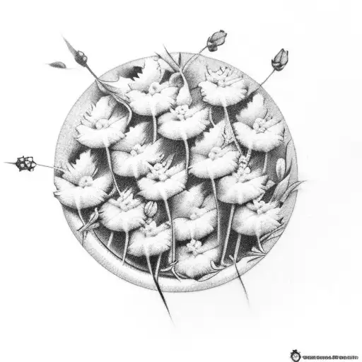 lots of Vervain (Verbana) Flowers with little leaves in a rugby football shape  tattoo design idea