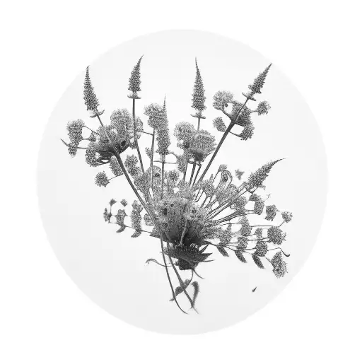 Generate a picture of Vervain (Verbena) flowers forming an oval shape with small leaves around them. tattoo design idea