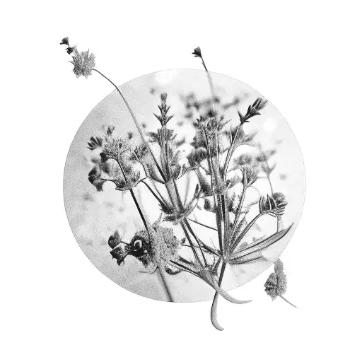 Generate a picture of Vervain (Verbena) flowers forming an oval shape with small leaves around them. tattoo design idea