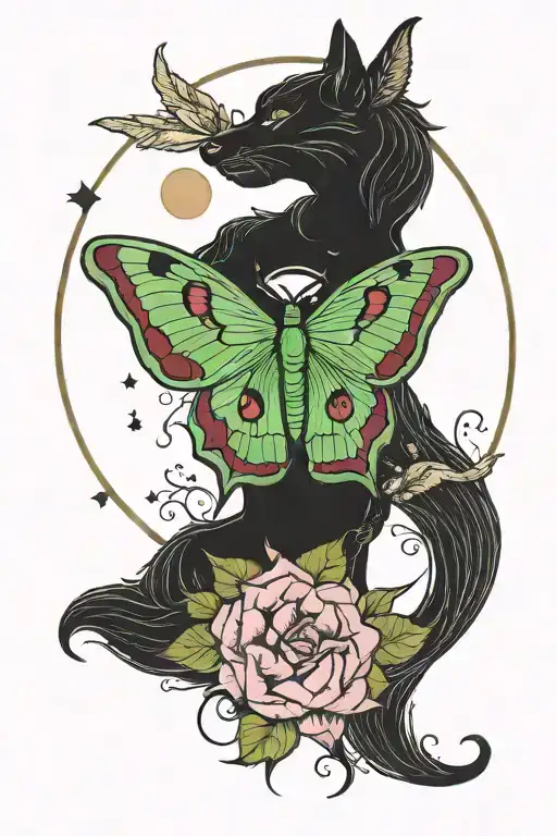 luna moth moon phases wolf stars feminine demon tattoo design idea