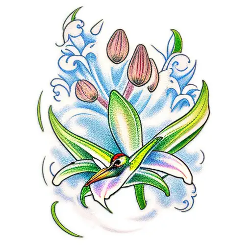lily of the valley and fresia flowers with a small hummingbird  tattoo design idea