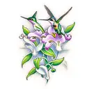 lily of the valley and fresia flowers with a small hummingbird  tattoo design idea