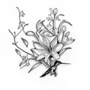 lily of the valley and fresia flowers with a small hummingbird  tattoo design idea