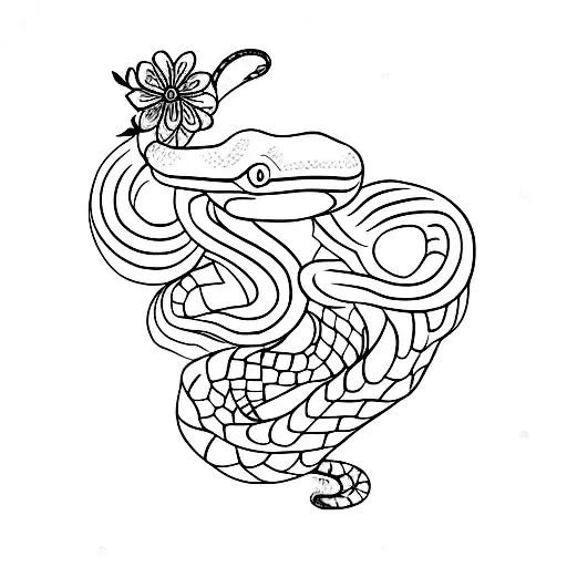 Snake with flowers wrapped around a dagger vertical tattoo design idea