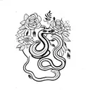 Snake with flowers wrapped around a dagger vertical tattoo design idea