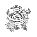 Snake with flowers wrapped around a dagger vertical tattoo design idea