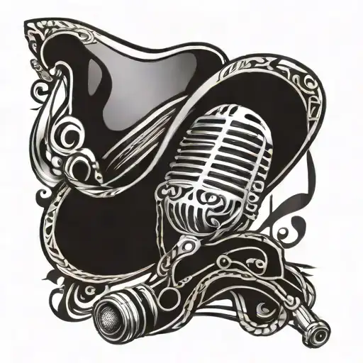mariachi hat, musical note notes, old microphone tattoo design idea