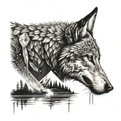 the warrior looks into the water and there is the reflection of a wolf tattoo design idea