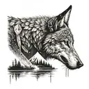 the warrior looks into the water and there is the reflection of a wolf tattoo design idea