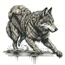 the warrior looks into the water and there is the reflection of a wolf tattoo design idea