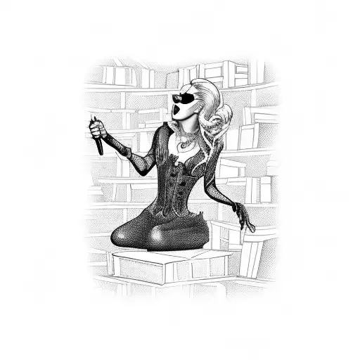 A blackwork tattoo of Lady Gaga singing on a bookshelf surrounded by Harry Potter and Percy Jackson books tattoo design idea
