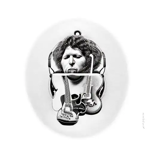 A realistic portrait of a rock and roll icon playing an Apple gadget as a musical instrument tattoo design idea