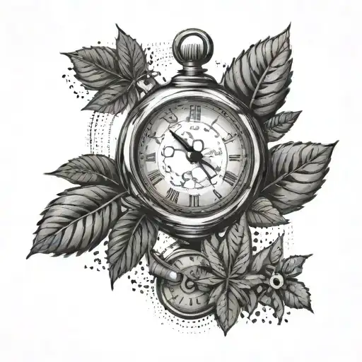 A stylish tattoo showcasing the balance between hustle and chill, with contrasting elements like a clock and a cannabis leaf tattoo design idea