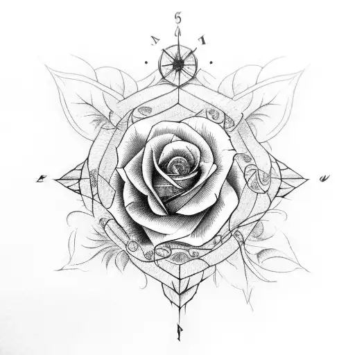 red rose and compass with vines and vertical and horizontal lines tattoo design idea