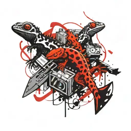 Design a black and red tattoo of a family of geckos playing video games together tattoo design idea