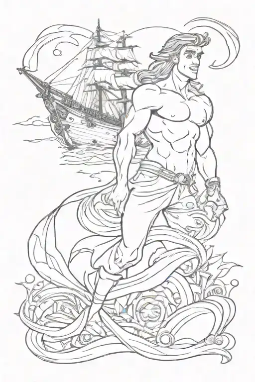 eric from the little mermaid with a ship behind him  tattoo design idea