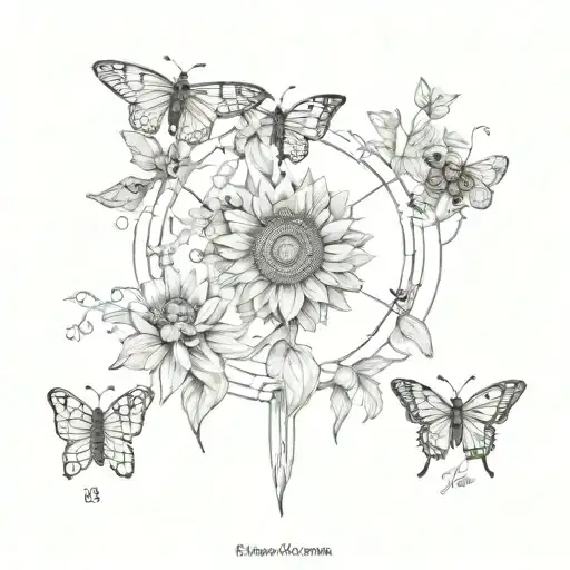  sunflowers with honeycombs and bees all around, a big butterfly in the middle, with the number 888 & verse romans 8:28 tattoo design idea