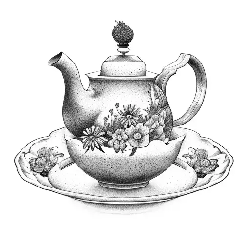 A teapot pouring tea into a cup, with lavender flowers blooming from the spout tattoo design idea