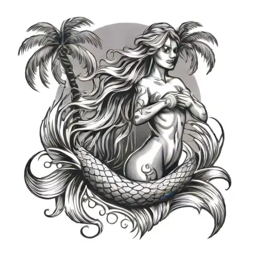 A sexy mermaid with water waves and California palm trees tattoo design idea