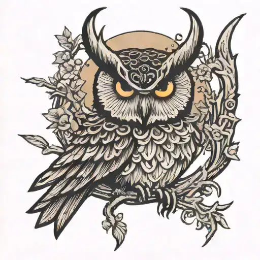 owl american,deer horns,texas longhorns,rural noir  tattoo design idea