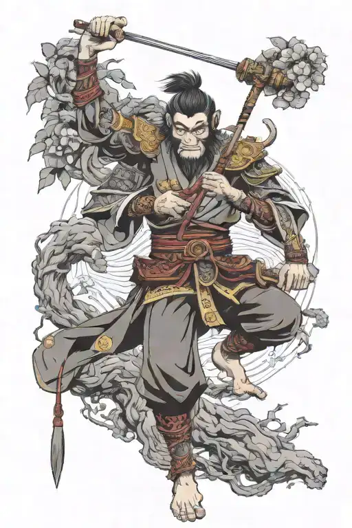 monkey king figths the heaven with his staff intertwined with branches tattoo design idea