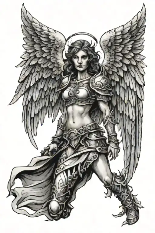 haloed female warrior angel with wings from the front tattoo design idea