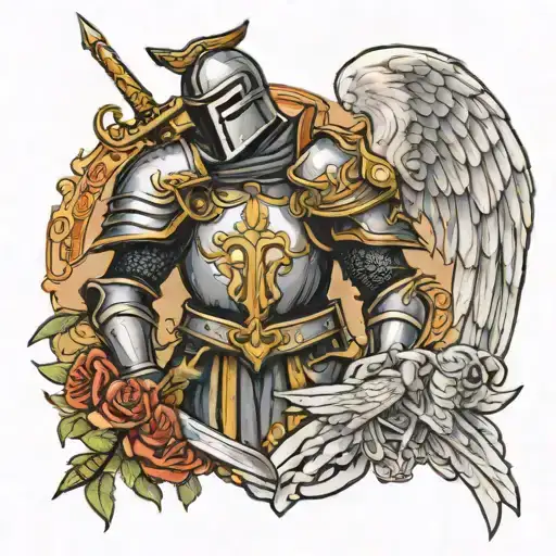 knight and guardian angel holding tattoo design idea