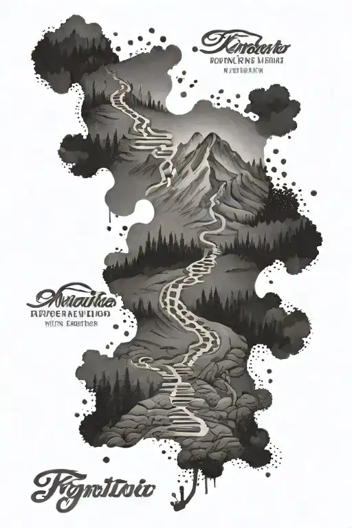 A trail of footprints leading up a mountain, with motivational quotes in the background tattoo design idea