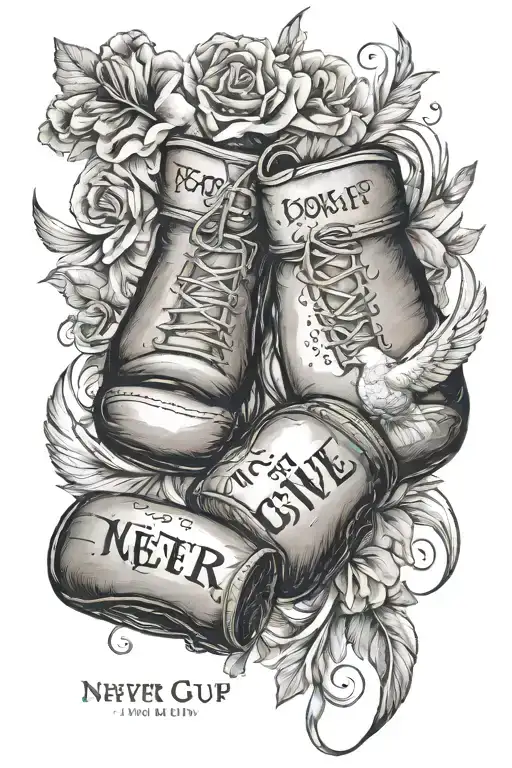 Bible verse that says never give up with boxing gloves and a dove with Roman numerals for a date  tattoo design idea