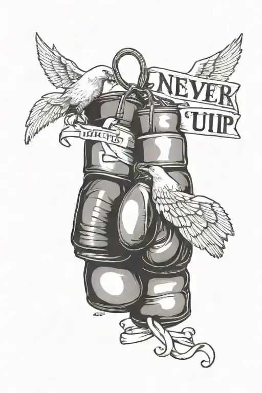 a Bible verse that represent never giving up with boxing gloves doves and Roman numerals as a date  tattoo design idea