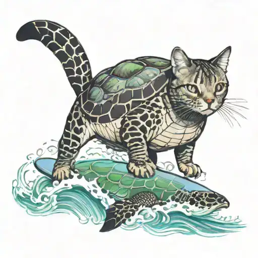 paddleboarder riding a wave with sea turtle and exotic shorthair cat swimming alongside tattoo design idea