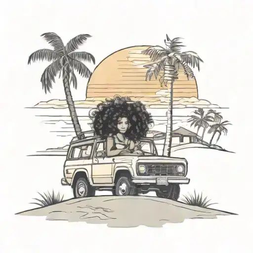 woman with big curly hair in a old ford bronco , on a beach with palm tree and sunset tattoo design idea