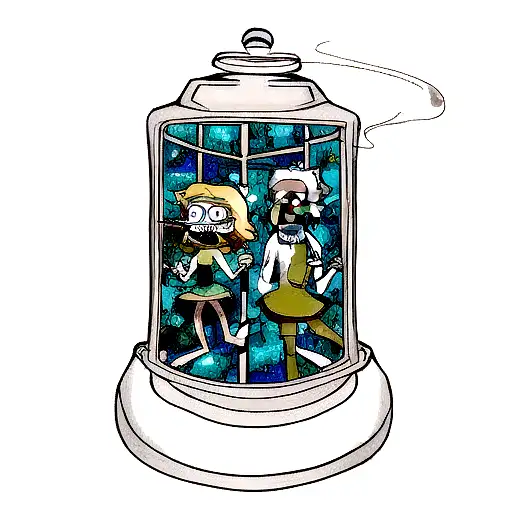 Rick and morty in the tardis, smoking a bong tattoo design idea