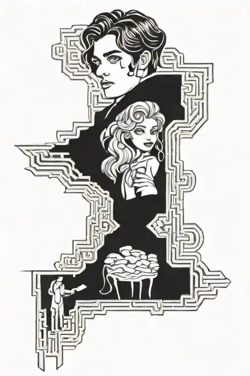 A tattoo design inspired by classic movies, incorporating hidden mazes and puzzles within the background tattoo design idea