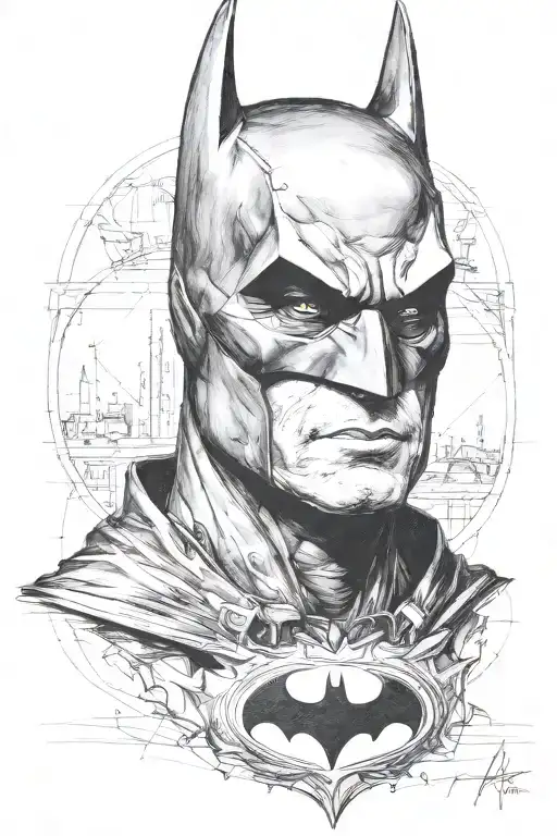 I need a sketch of the portrait of Christina Bale's Batman from the movie "The Dark Knight" in the style of realism with elements of thrashpolka, with tattoo design idea