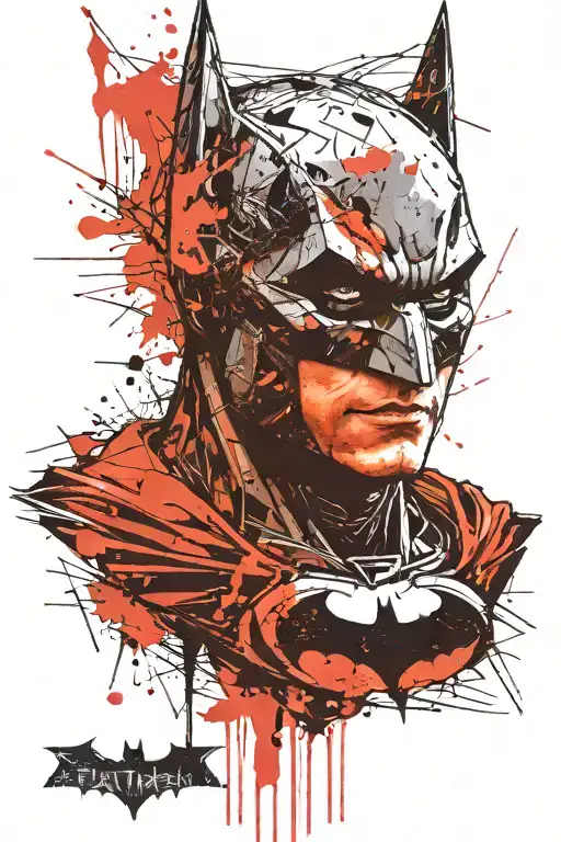I need a sketch of the portrait of Christina Bale's Batman from the movie "The Dark Knight" in the style of realism with elements of thrashpolka, with tattoo design idea