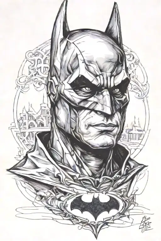 I need a sketch of the portrait of Christina Bale's Batman from the movie "The Dark Knight" in the style of realism with elements of thrashpolka, with tattoo design idea